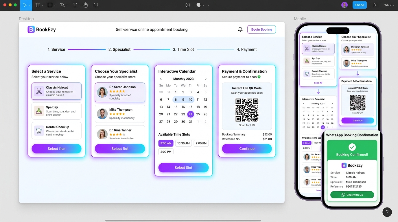 BookEzy Online Customer Booking Interface and WhatsApp Confirmation