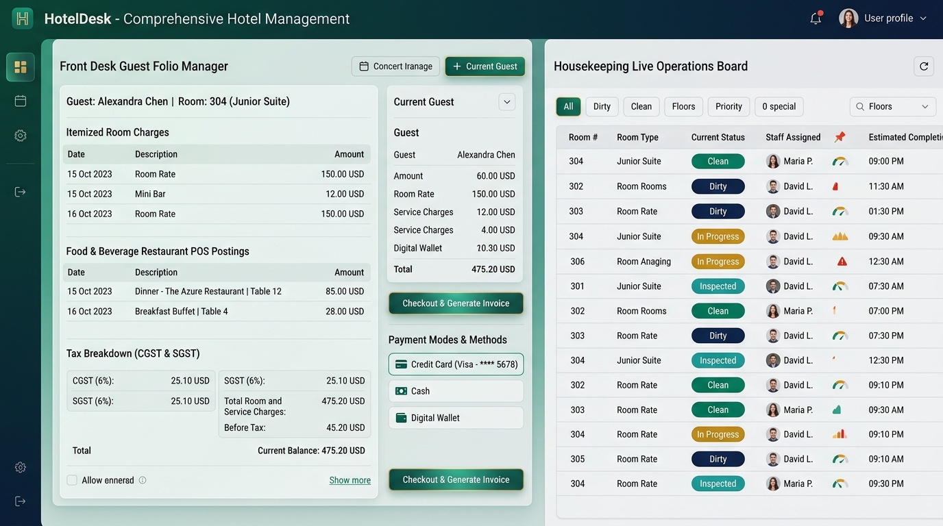 HotelDesk Front Desk Operations, Guest Folio and Housekeeping Board
